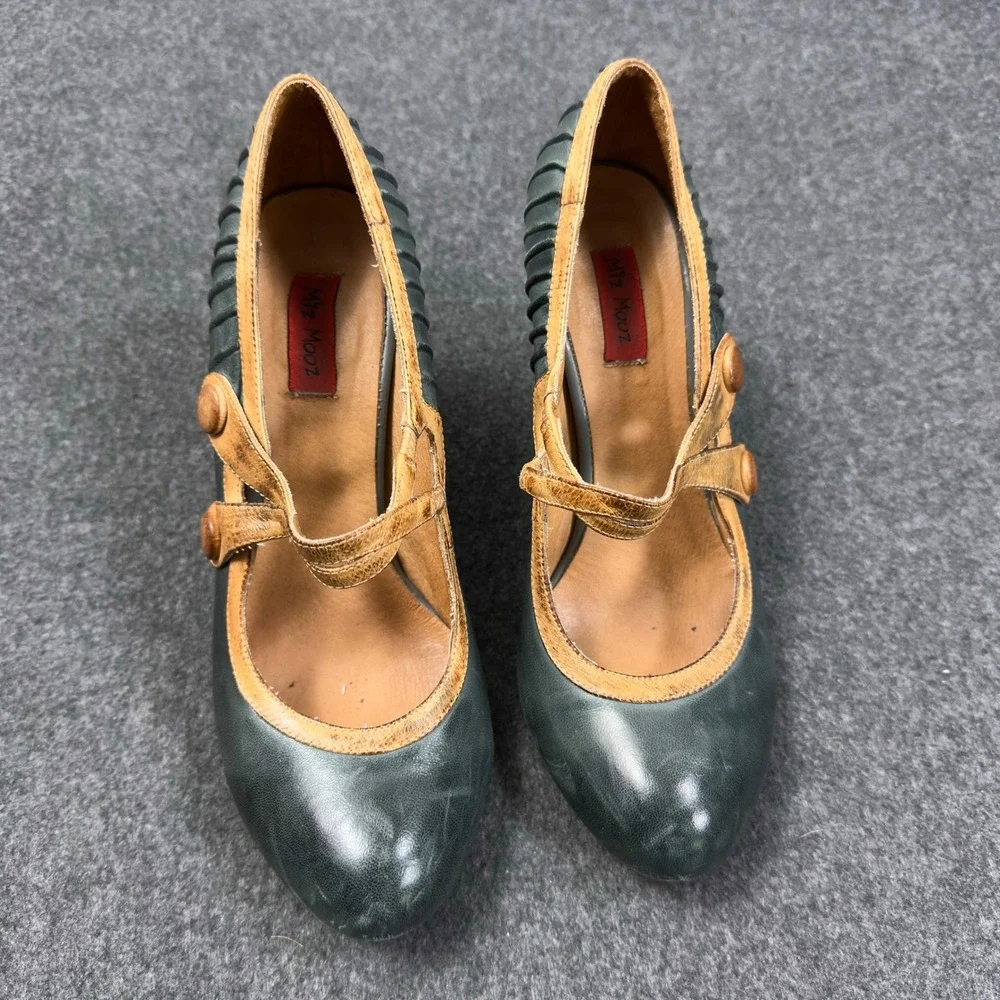 Miz Mooz Sensei 7.5 Green Leather Mary Jane Heels Pumps Retro Boho C28-C1823-1
